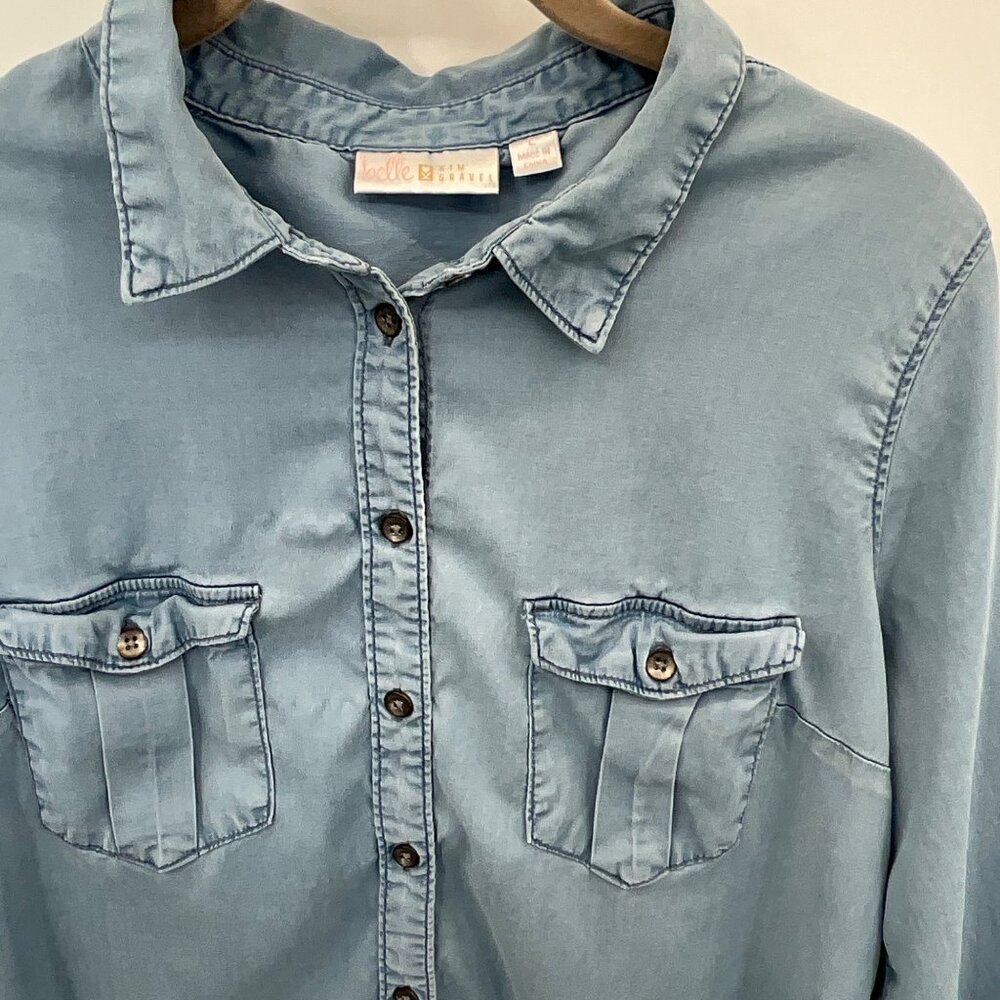 Belle Kim Gravel Women's Large‎ Denim Button-Down Shirt 3/4 Sleeves